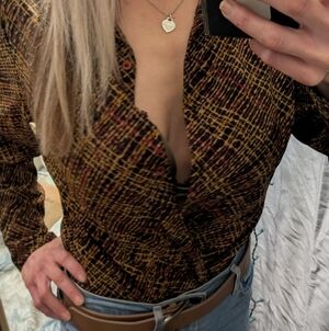 Button Down Chocolate Brown Black Yellow gold Red Striped Vintage Medum*Preston